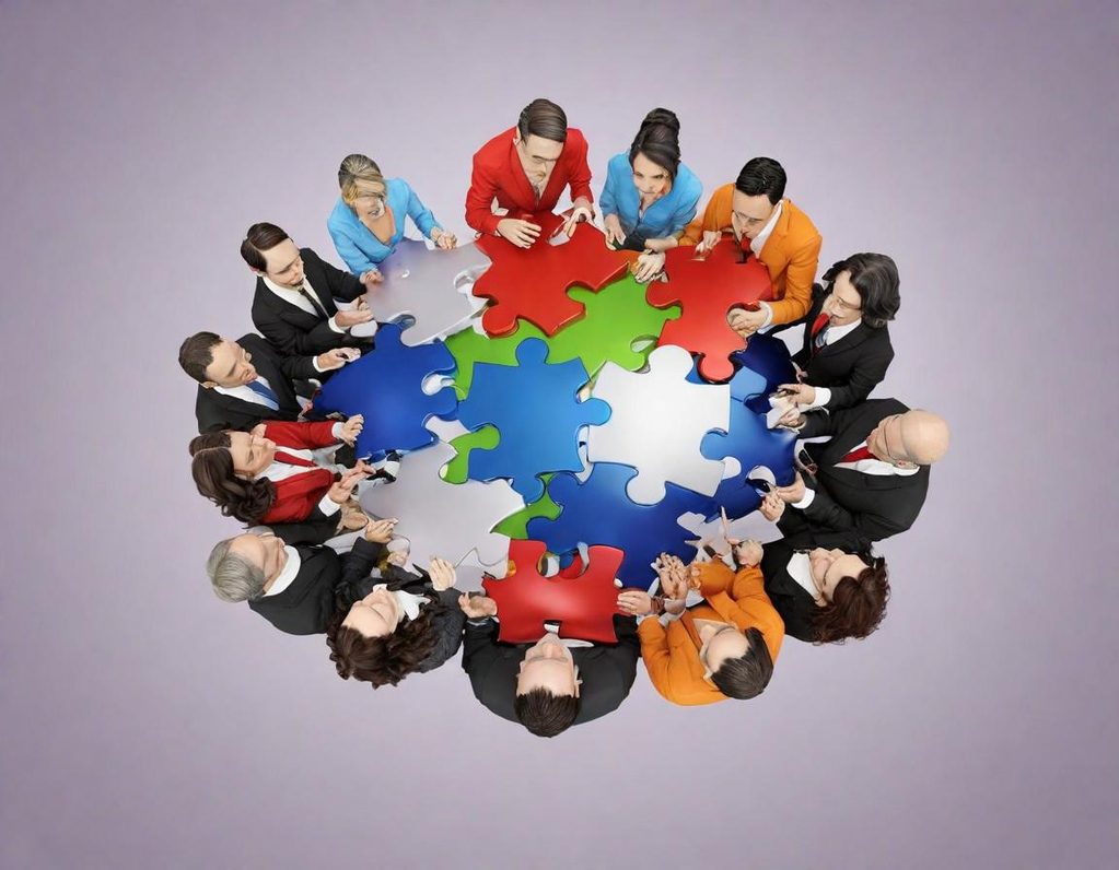 Team Menschen um einen Tisch, der aus bunten Puzzlestücken besteht, liegen.