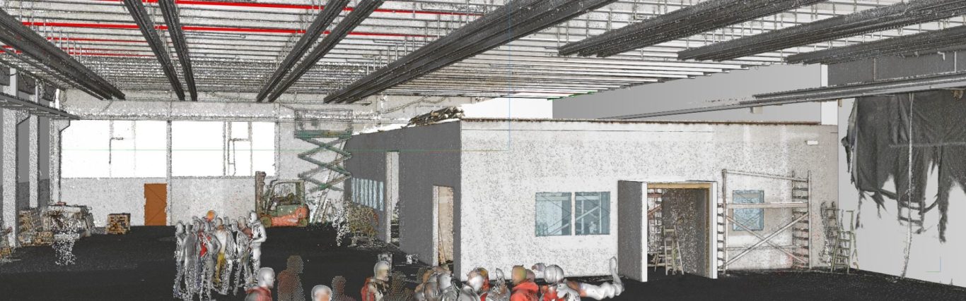 Industriehalle im Vergleich mit einer digitalen 3D-Punktwolke bis zum 3D-Modell