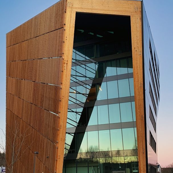 Moderne Architekturoase mit schrägem Holz- und Glasdesign.