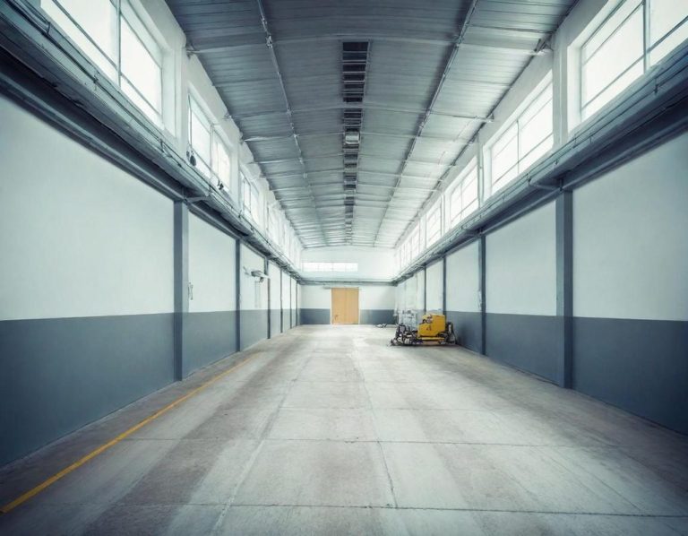 Maler- Und Trockenbauarbeiten Helle Industriehalle mit großen Fenstern und grauen Wänden. Die Wände und sind frisch in weiß gestrichen, die Stahlträger in Anthrazit