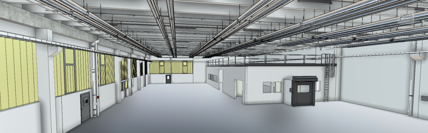 Industriehalle im Vergleich mit einer digitalen 3D-Punktwolke bis zum 3D-Modell